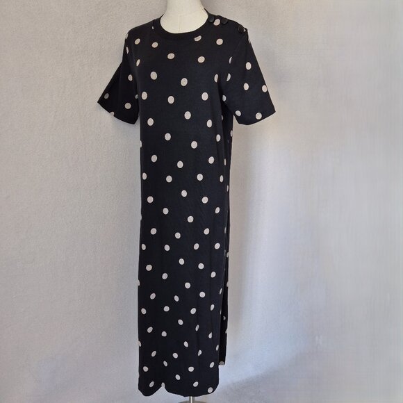 SEZANE Emy Polka Dot Tee-Shirt Dress Crew Neck Short Sleeve Black Ecru - Picture 2 of 14